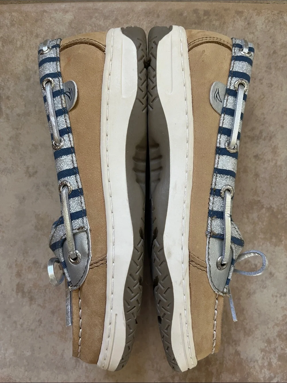 Sperry Kids Tan Leather Moccasins with Navy & Silver Stripes Angelfish